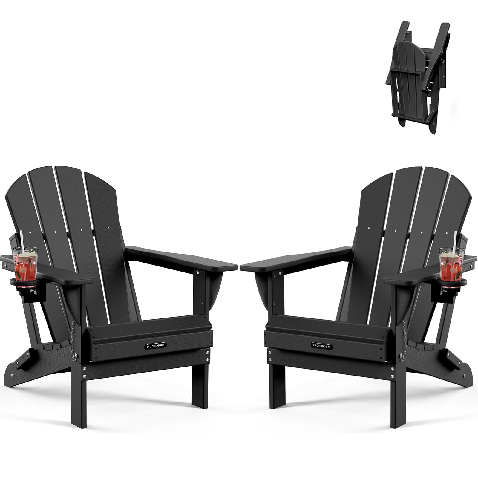 MUCHENGHY Folding Adirondack Chairs 2 Pack, Patio & Outdoor Chairs, Plastic Weather Resistant with Cup Holder for Deck, Backyard, Garden (Black) Image