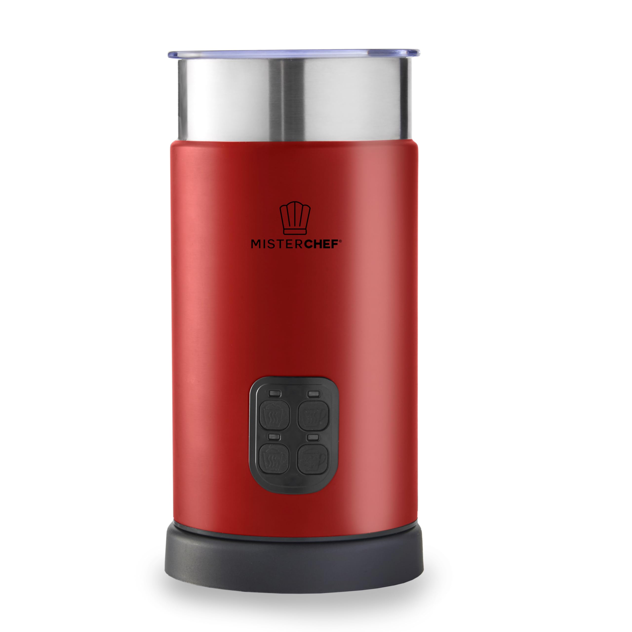 MisterChef Large 500W Automatic Milk Frother & Warmer – 4 Modes Hot & Cold Milk Frothing – 300ml Heating / 150ml Frothing Capacity – Silent Operation – Extra Whisks – Chrome Red