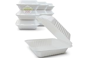 Green Earth 8-Inch, 200-Count, 1-Compartment, Compostable Clamshell, Natural Bagasse (Sugarcane Fiber), Take-Out/to-Go Boxes - Microwave-Safe