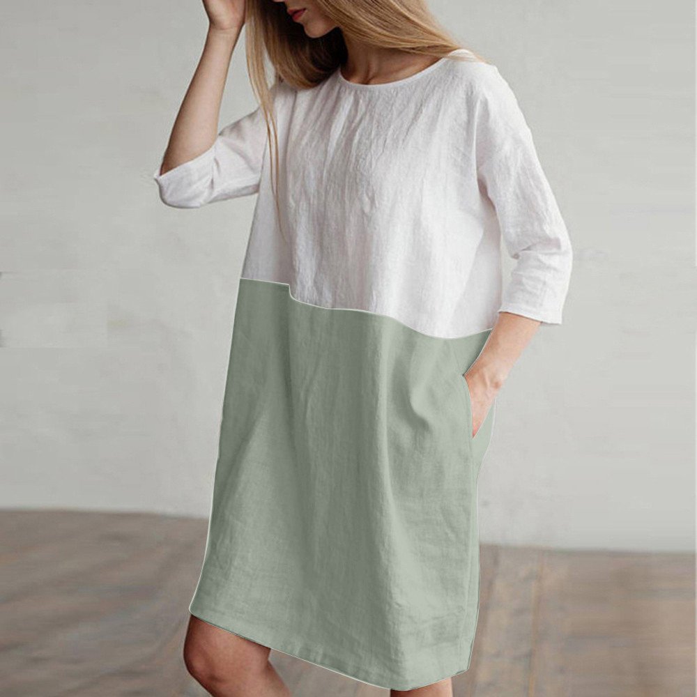 POTO Women Dresses, Loose Color Stitching Casual Dresses with Pockets Cotton Linen Tunic Dress Party Dress Beach Dress