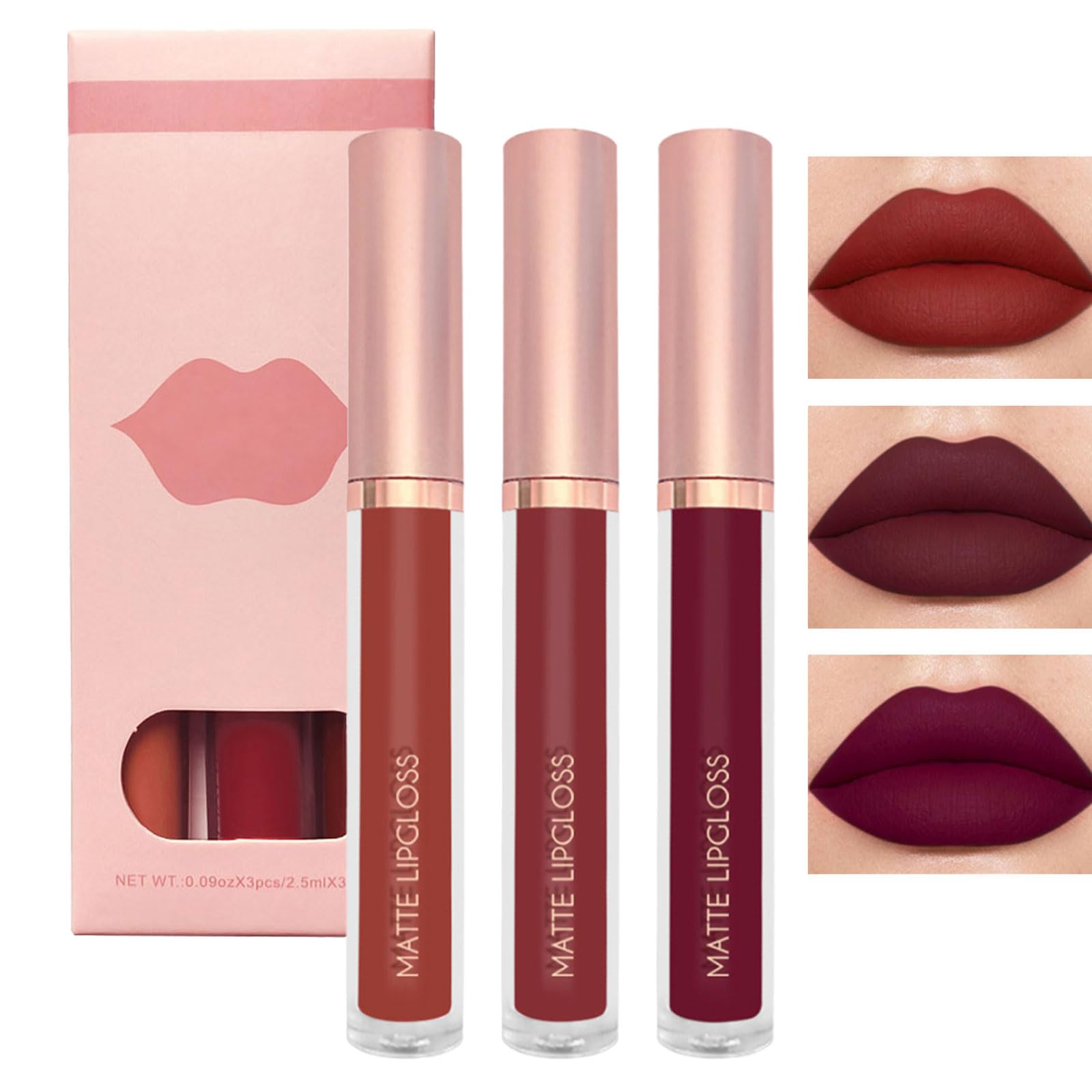 Matte Lip Gloss Set, 3PCS Brown Burgundy Red Liquid Lipsticks, Ultra Matte Waterproof Smudge-proof Lipstick Kit, Long Lasting Highly Pigmented Tinted Lip Balm, Gift for Women