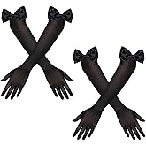 Cutecrop 2 Pairs Black Women's Long Stretchy Sheer Bows Gloves Black Tulle Mesh Satin Elbow Length Gloves for Wedding Bridal Cocktail Opera 1920s Dance Party
