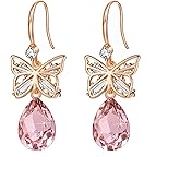 Austrian Crystal Teardrop Butterfly Drop Dangle Earrings for Women 14K Rose Gold Plated Hypoallergenic Jewelry