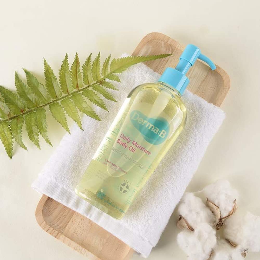 Derma B Daily Moisture Body Oil | 99% Natural Argan & Sweet Almond Oil | Shower Oil for Dry Sensitive Skin | Light & Long-Lasting Hydration | Skin Body Care Oil with Peach Scent | 6.78 fl oz (200ml)