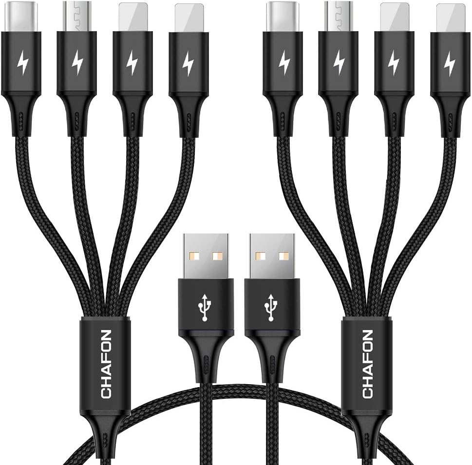 CHAFON Multi Charger Cable Short,4 in 1 USB Charging Cord Nylon Adapter with Dual Phone,USB C,Micro Connectors Compatible with LG, Galaxy,Sony Xperia,Android Tablets,Black(1FT,2Pack)
