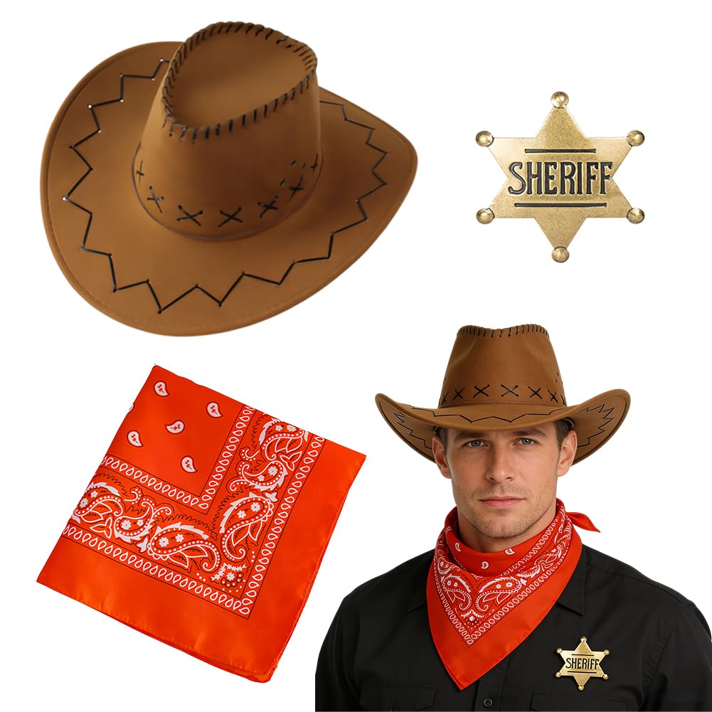 APPCRFM Cowboy Hats for Men and Women, Brown Western Cowboy Hat Set, Western Hat Set with Police Badge, Adult Wild-Themed Party Costumes (Brown)