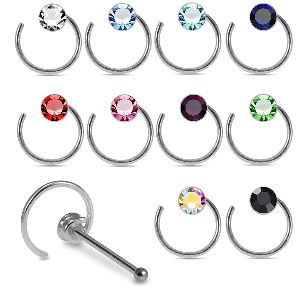 AZARIO LONDON 20 Pieces Box Set of 22 Gauge 925 Sterling Silver Spiral Ball End Nose Pin Nose Stud Piercing