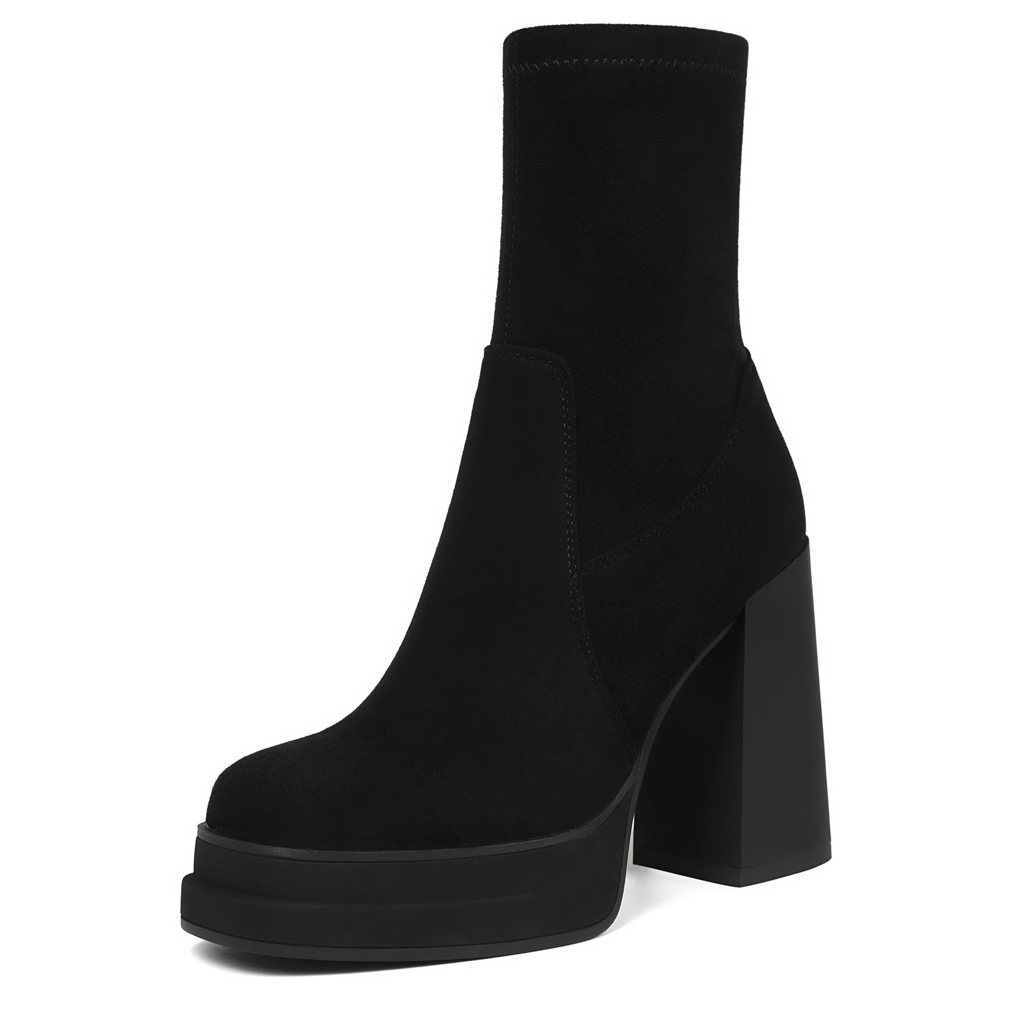 View 1 of (us 9)Wetviro Women's Platform Ankle Boots Chunky High Heel Square Toe Stretch Short Gogo Combat Boots Booties for Women (not for wide calf)