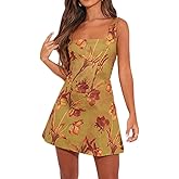 Beaufident Women's Floral Jacquard Dresses Adjustable Strap Sundress A-Line Tank Mini Dress Yellow