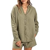 Amazhiyu Women's 100% Linen Plant-Dyed Long Sleeve Button-Down Shirt Blouse