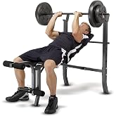 Marcy Standard Bench with 80lbs to 100 lbs Vinyl-Coated Weight Set for Strength Training Lifting for Home Gym
