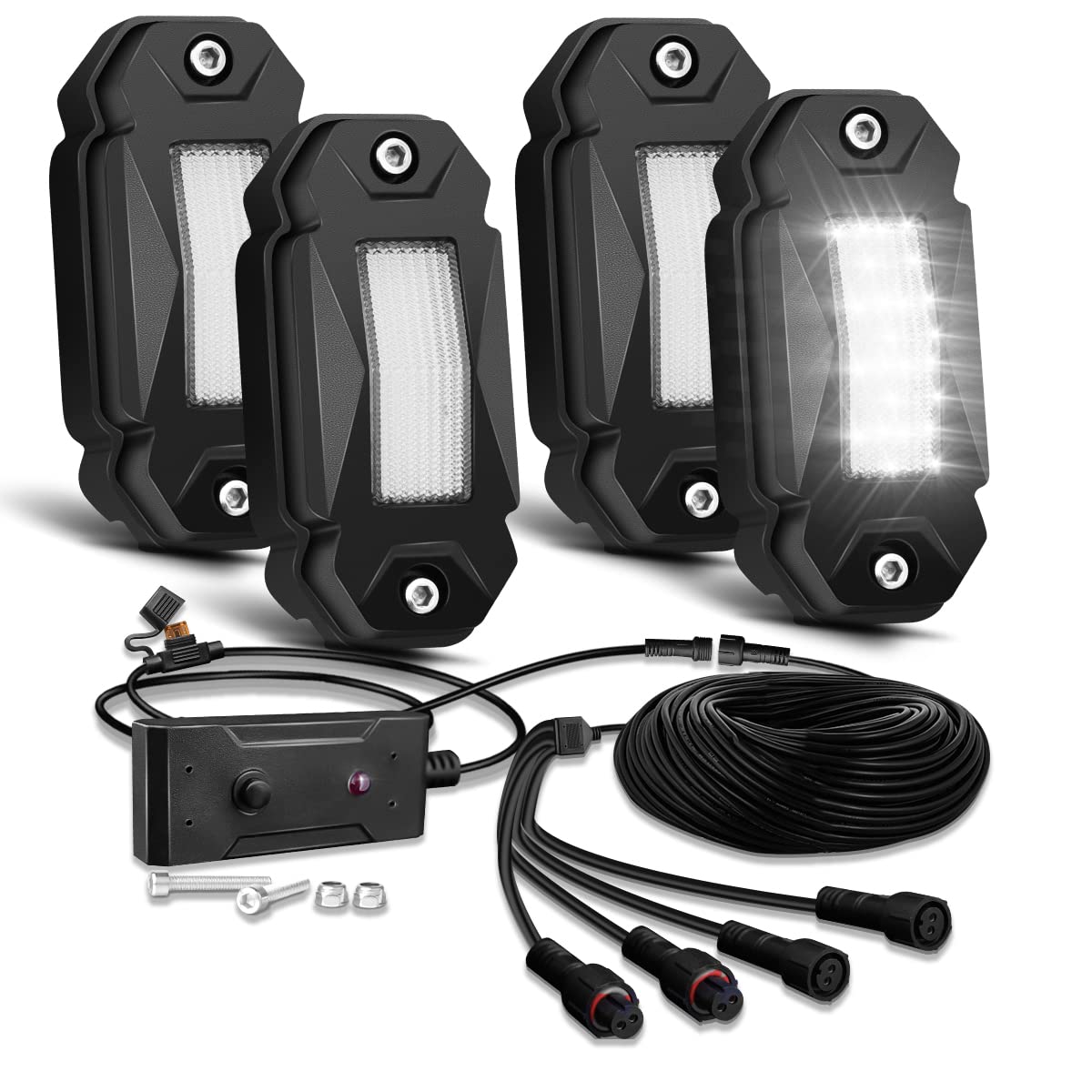 LEDKITO R2 White LED Rock Lights Kits with Switch Wire Harness 4PCS for Trucks Off Road RZR SUV ATV UTV Super Bright Pure White Under Glow Lights Trail TRAI Rig Lights High Power Waterproof