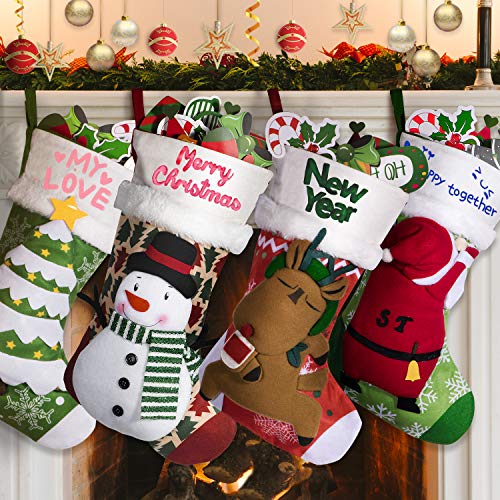 Joyjoz Personalized Christmas Stockings 4Packs with 3 Coloured Pens, 18" Xmas Big Stockings with Santa, Snowman, Elk, Christmas Tree, Handmade, 3D Plush for Christmas Decorations