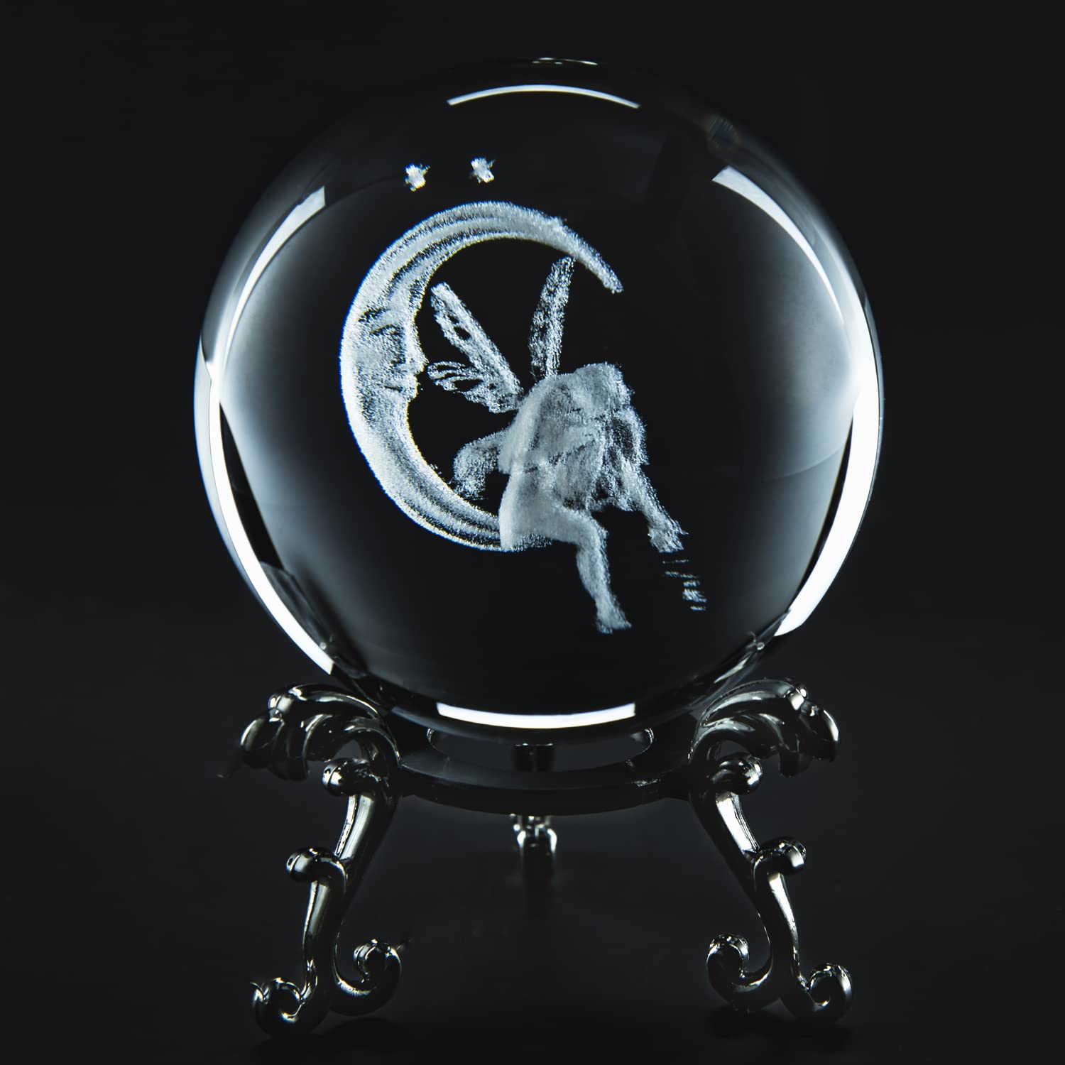 3D Moon & Fairy Crystal Ball with Metal Stand, Prefdo Paperweight 60mm(2.3Inch) Laser Engraved Glass Sphere Display Globe Meditation Ball Desktop Decor