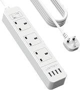 JSVER Extension Lead USB Power Strip 3 Outlets 4 USB 5M Cord 3250W 13A