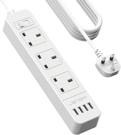 JSVER Extension Lead USB Power Strip 3 Outlets 4 USB 5M Cord 3250W 13A