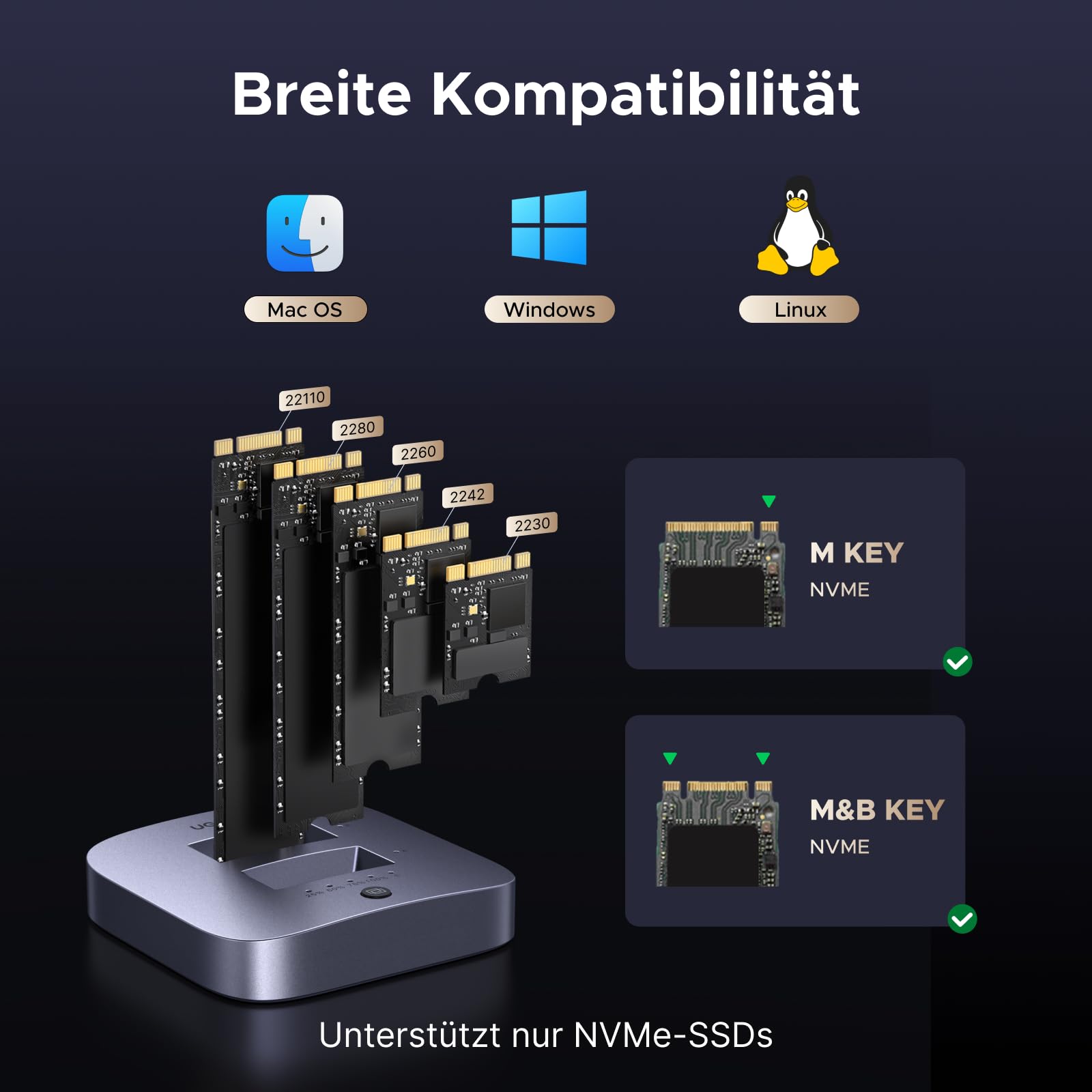 UGREEN Festplatten Dockingstation, USB 3.2 Gen 2X2 20Gbps Dual Bay NVMe SSD Gehäuse, M.2 Festplattengehäuse für M Key PCIE NVMe SSD, Offline-Klonen und UASP unterstützt 7