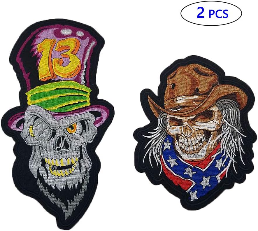 2 Pcs Large Skull Patches Western Cowboy Center Back Iron On Patches Embroidered Applique for Punk Biker Vest Denim Jacket Sewing