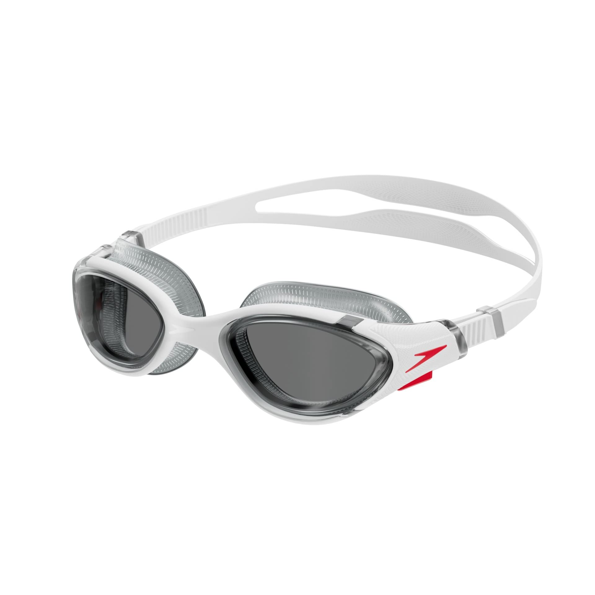 Speedo Unisex Biofuse 2.0 SwiMing Goggles | Patented Easy Adjustment | Anti-fog | Anti-leak | Enhanced Fit | Improved Comfort, White/Red/Light Smoke, One Size