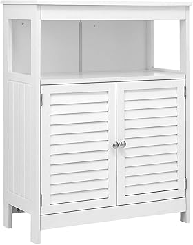 Amazon Com Kingso Bathroom Floor Cabinet Free Standing Bathroom Storage Cabinet With Double Shutter Door And Adjustable Shelf For Home Office White Furniture Decor