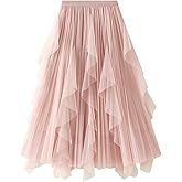 Women's Tulle Skirt Formal Asymmetrical Ruffle Midi Skirts Elastic High Waist Fairy Skirt 2025 Fashion A-line Skirts