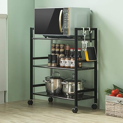 SSLine 3 Shelf Metal Rolling Kitchen Storage Cart, Black