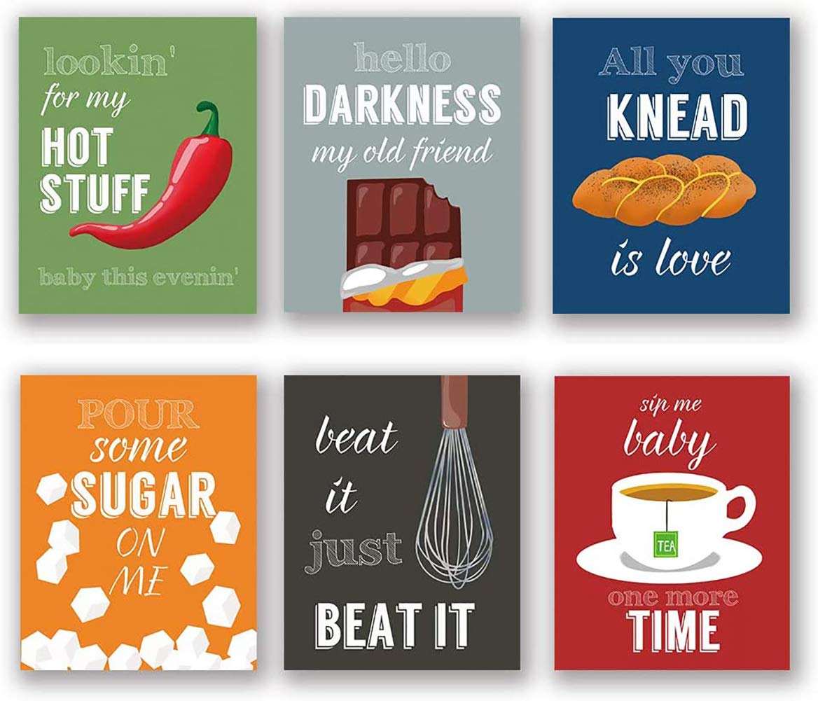 Set of 6 - HycArt Colorful Funny Kitchen Quote Art Print, HycArt Dessert Vegetables Tea with Motivational Saying Canvas Wall Art Printing for Kitchen Cofee Shop Decoration (No Frame,8"X10")