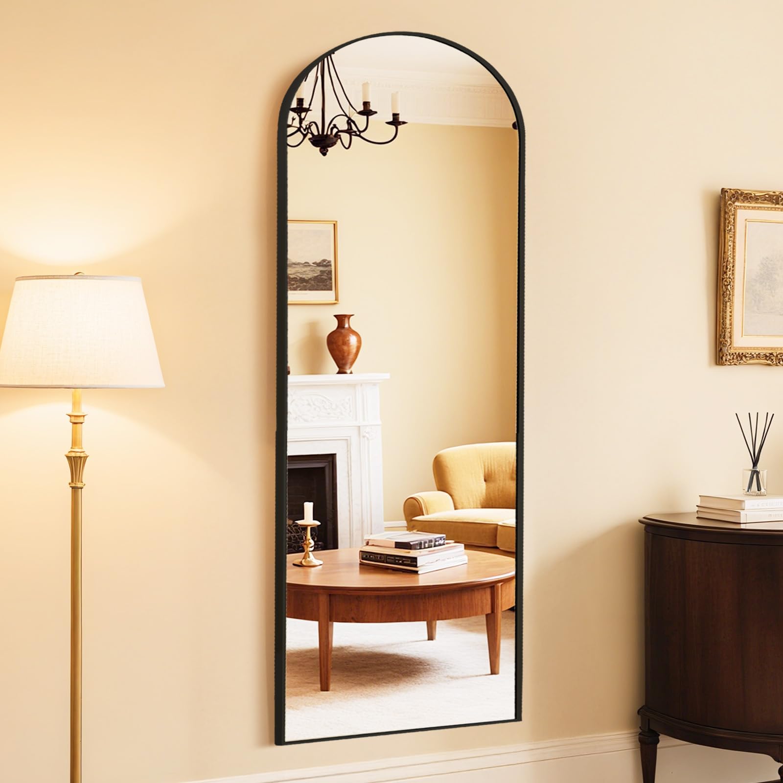 DUMOS Arched Wall-Mounted Full Length Mirror 27"x71" for Bedroom, Full Body Floor Mirror with Stand, Hanging or Leaning for Wall, Black Image