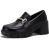 Coutgo Womens Chunky Platform Lug Sole Loafers Mid Heel Square Toe Dress Walking Work Shoes with Buckle Chain