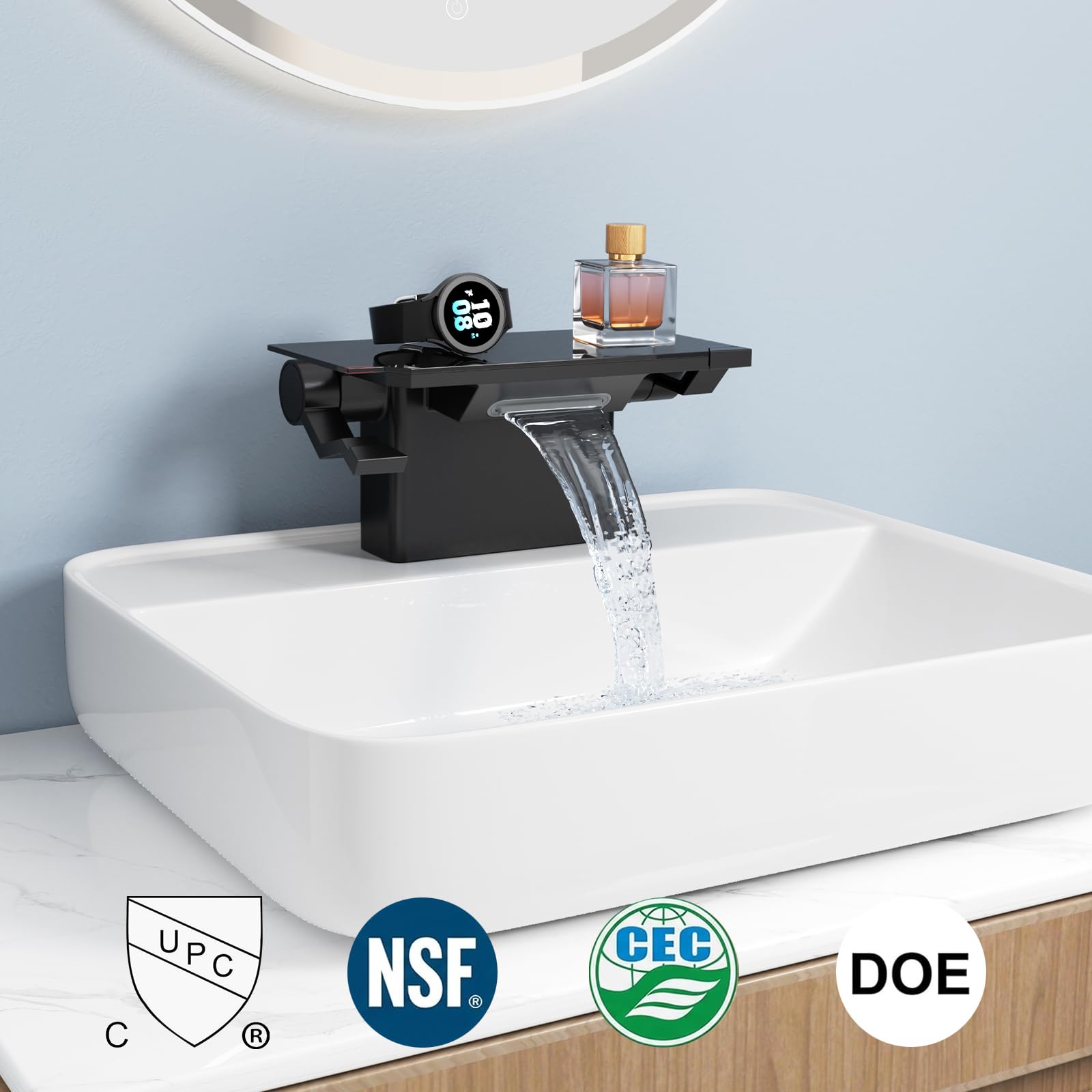 Condition photo showing New/Like New for embather matte black bathroom faucet with storage platform for bathroom sink - nsf certified 4 inch