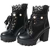 FOREADA Platform Boots For Women Black Chunky Boot Goth Ankle Booties Bead Lace Lolita Dress Shoes With Zipper
