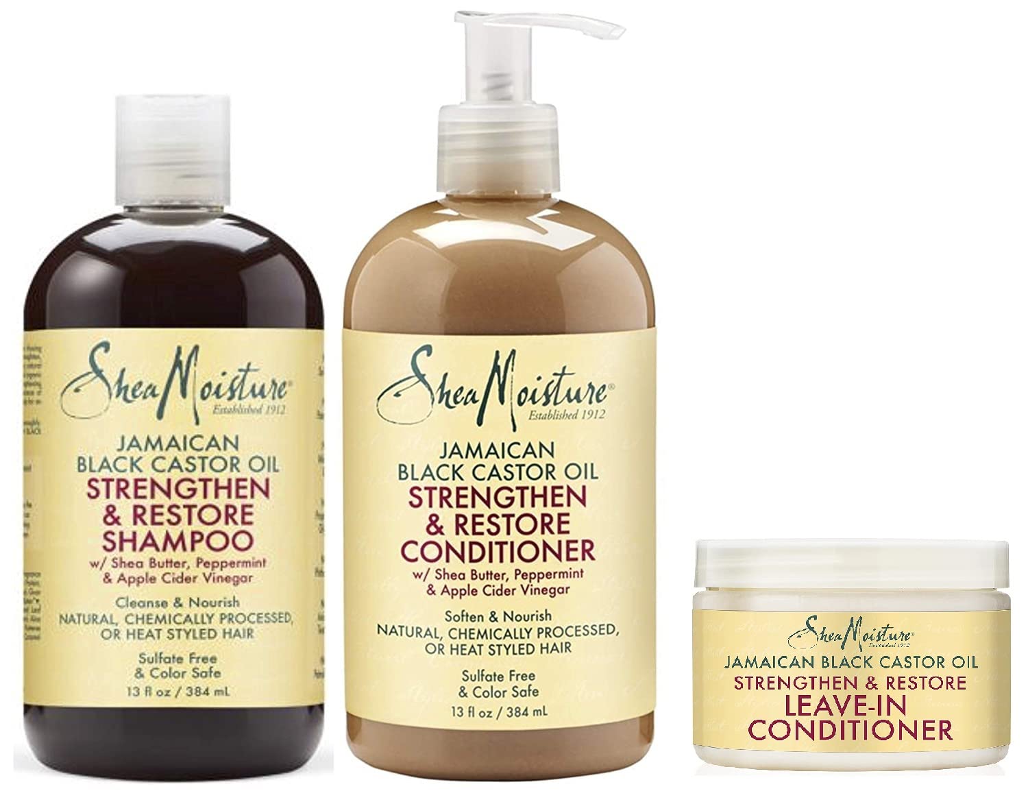 Shea Moisture Jamaican Black Castor Oil Combination Pack - Strengthen, Grow & Restore System - 13oz Shampoo, 13oz Conditioner, 12oz Leave-In Conditioner