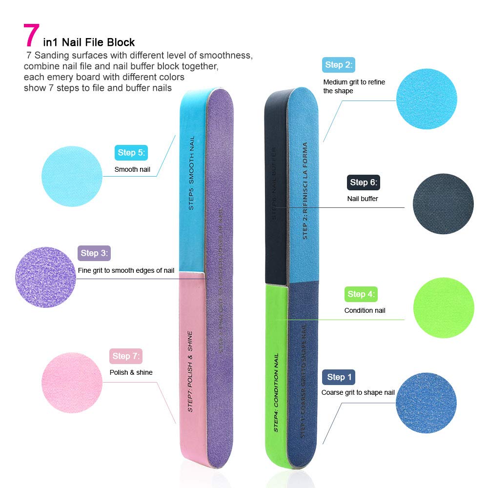 Professional Nail Files and Buffers Kit, 100/180 Grit Emery Boards for Nails, Colorful 4 Sides 120 Grit Nail Buffer Blocks, 7 Way Nail File Block with Finger Nail Brush for Salon Nail Art (14 PCS) : Beauty