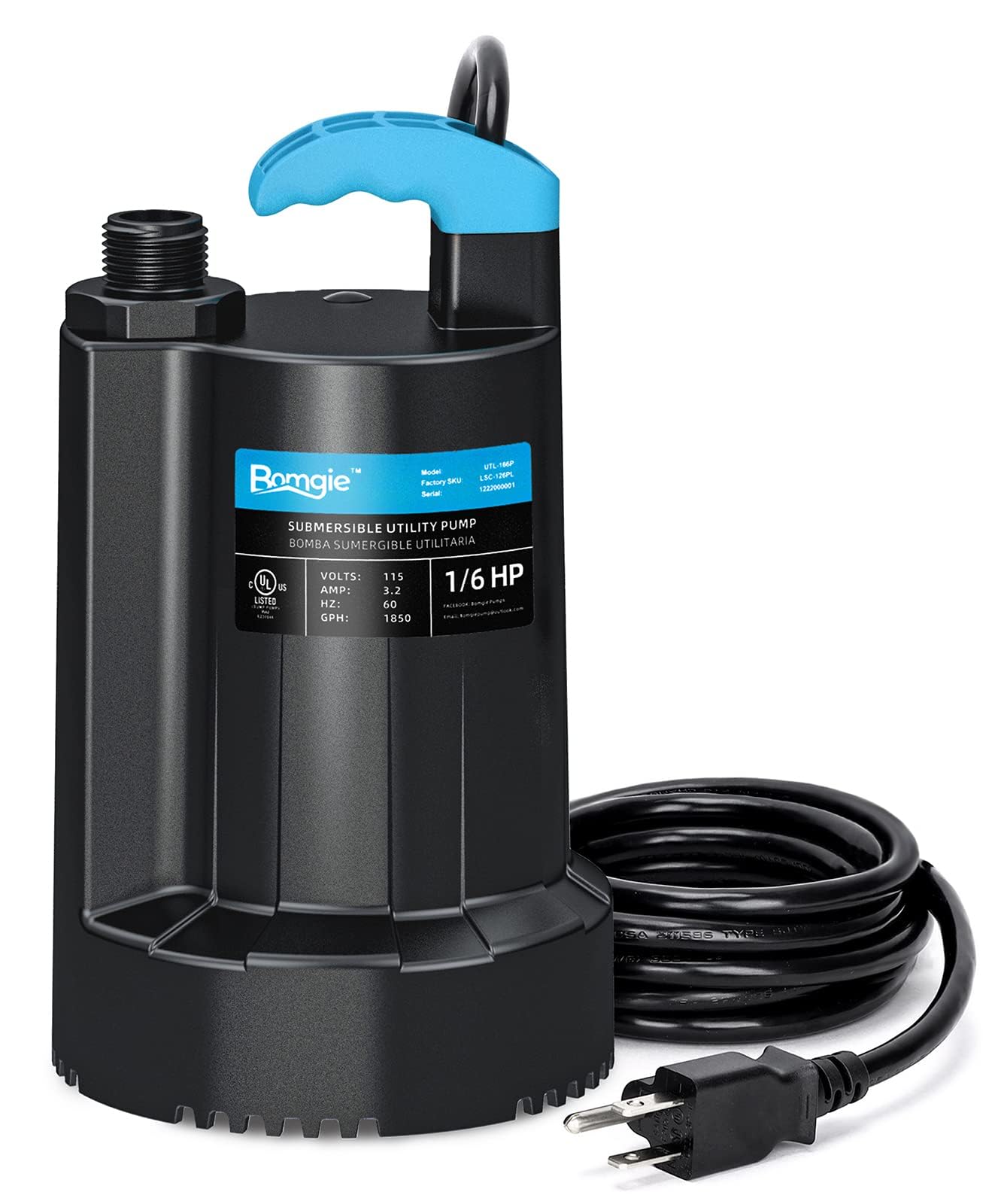 Photo 1 of BOMGIE Submersible Water Pump 1/6 HP, 1850GPH Thermoplastic Sump Pump Basement Portable Electric Utility Water Pump Removal for Pool Draining Hot Tubs Garden Pool Cover Pond