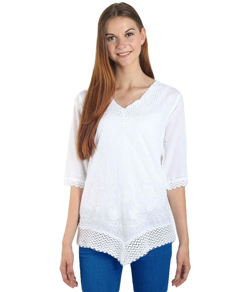Buy Arovi White Cotton 3/4Th Sleeve Women's Casual Top [White_Cotton