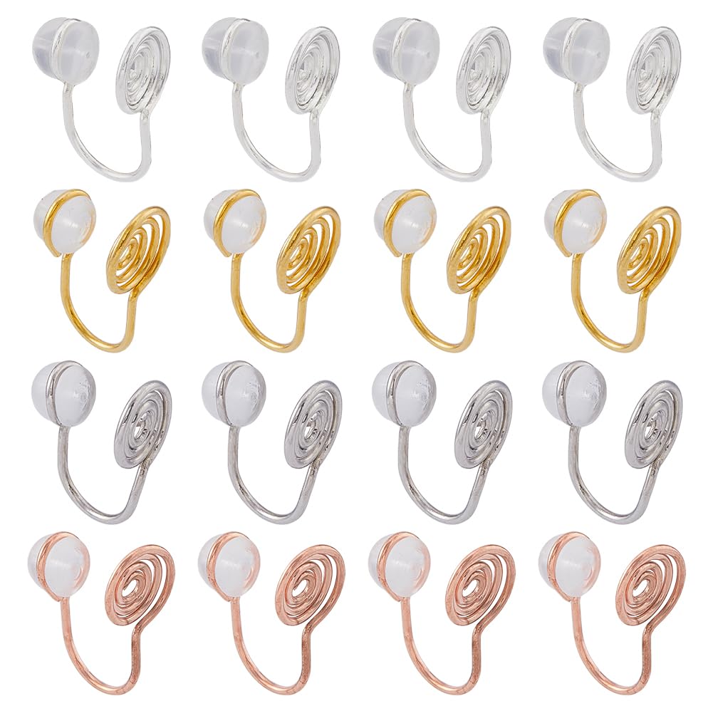 SUPERFINDINGS 16Pcs 4 Colors Brass Vortex Clip-on Earring Converter with Round Clip Backs None Pierced Earring Clip Comfort Converter for Non-Pierced Ears Jewelry Making