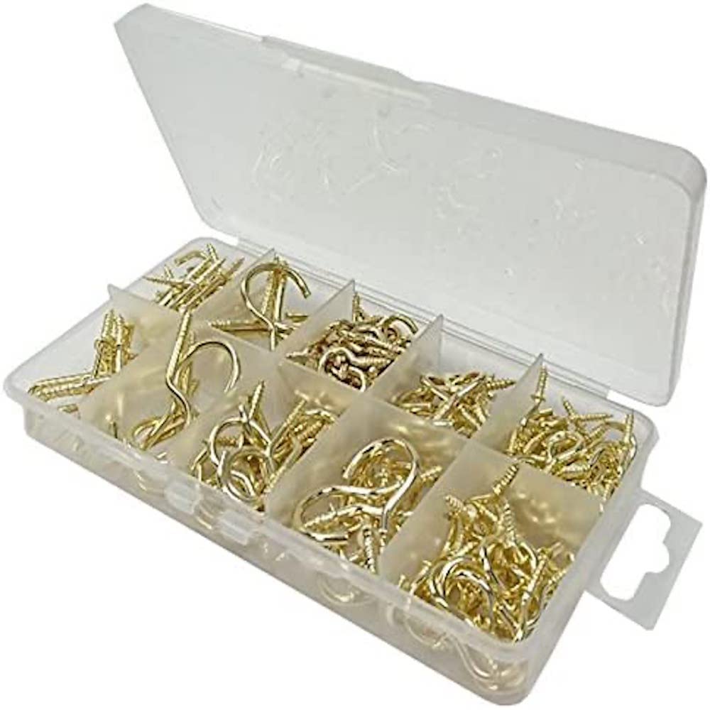 Merriway BH06592 (200 Pcs) Assortment of Brassed Cup Dresser Hooks in a 10 Compartment Carry Case - Pack of 200 Pieces