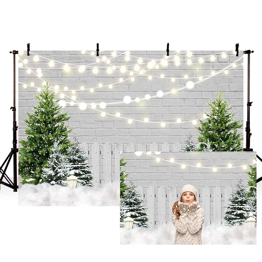 MEHOFOND 7x5ft Winter Christmas Backdrop White Brick Wall Fence Cedar Outdoor Snow Scene Photography Background Xmas Party Decoration Banner Portrait Photo Booth Studio Props