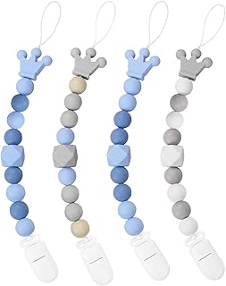 Yoofoss Silikon Schnullerkette 4er Pack Blau und Grau Schnullerketten Krone-Nuckelkette mit Silikonperlen Junge