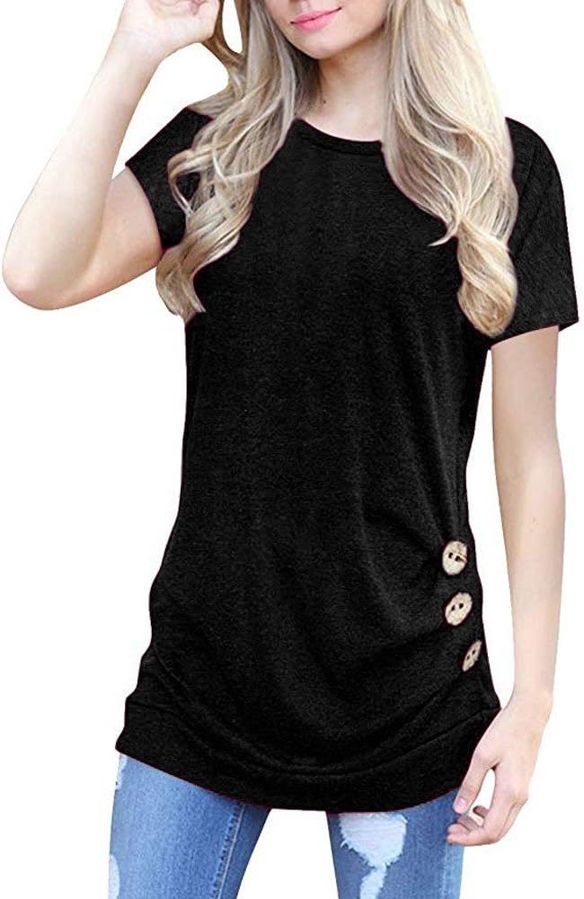 TWGONE Short Sleeve Tunics for Women to Wear with Leggings Loose Button Trim Blouse Solid Color Round Neck T-Shirt