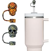 2 Pack Skull Straw Toppers for Stanley Cup 30&40oz, Tumbler Water Cup Accessories, Reusable Dust-Proof 3D Straw Cover Cap, Hollaween Gift (Gris&Yellow)
