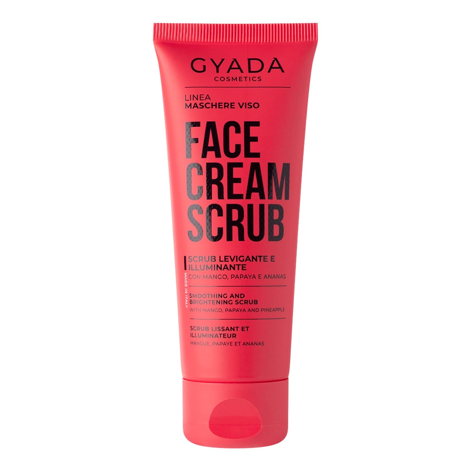 GYADA COSMETICS, Smoothing & Brightening Facial Scrub Exfoliating Moisturizing Gently Smooths All Skin Types Mango Papaya Pineapple Formula Gold Tone Shea Butter 75ml