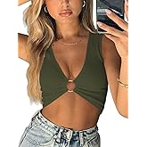 AEVZIV Sexy Crop Tops for Women Sleeveless Deep V Neck Workout Tops Plunge Ring Cleavage Cropped Tank Top