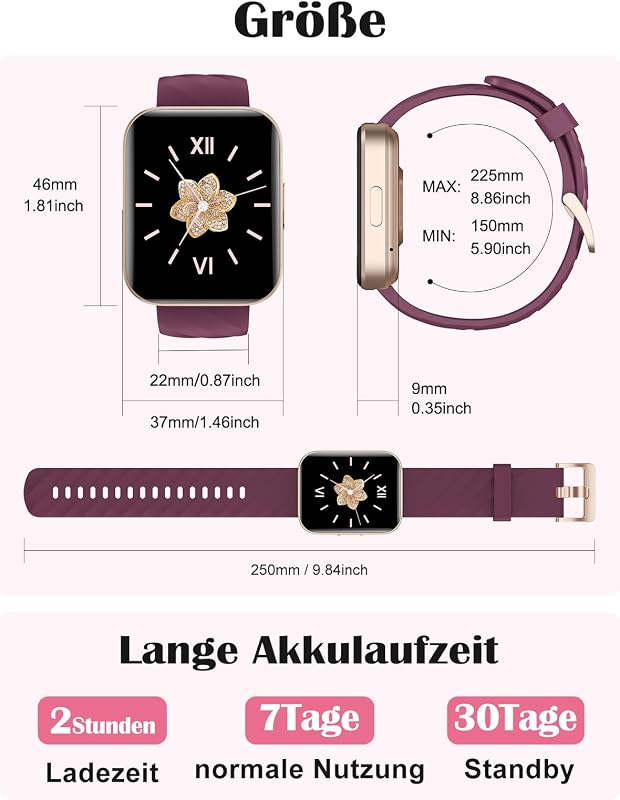 Smartwatch für Damen Herren Bluetooth-Anruffunktion 1.85" HD Fitnessuhr