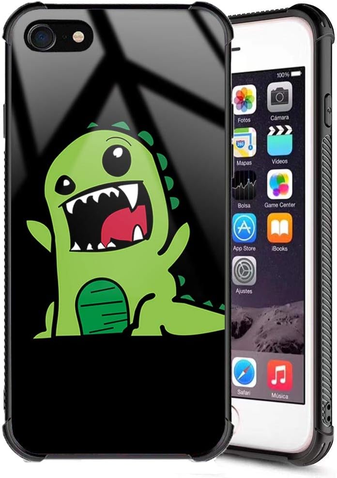 iPhone 8 Case, iPhone 7 Case Cute Dinosaur Funny Cartoon Animals Designer Slim Fit Tempered Glass Black Cover and Soft Silicone TPU Shock Absorption Anti-Slip Bumper Phone Case for iPhone 7 iPhone 8