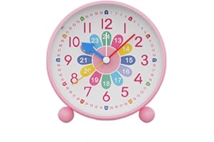HOTIYOK Telling Time Teaching Clock for Nursery Kids Learning Alarm Clock 4 Inch Analog Clock Small Cute Table Clocks Girls Bedroom Desk Silent Non Ticking Educational Clock(Pink)