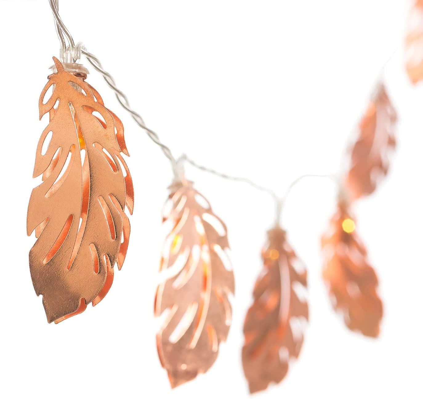9.8FT/20 LED Rose Gold Feather LED Fairy Lights Metal Lantern String Lights Warm White Battery Powered Hanging Light for ins Gril Room Wedding Party Decor (Gold Feather, Battery Powered)