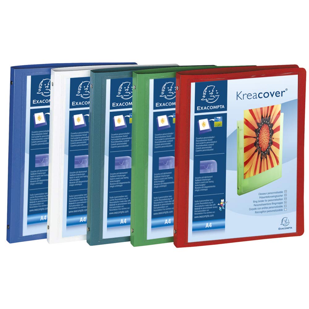 Exacompta - ref. 51989E - Box of 5 customizable flexible PP binders 1 pocket - 4 round rings, 15 mm diameter - External dimensions: 32 x 25 cm - A4 file format - 5 assorted colors