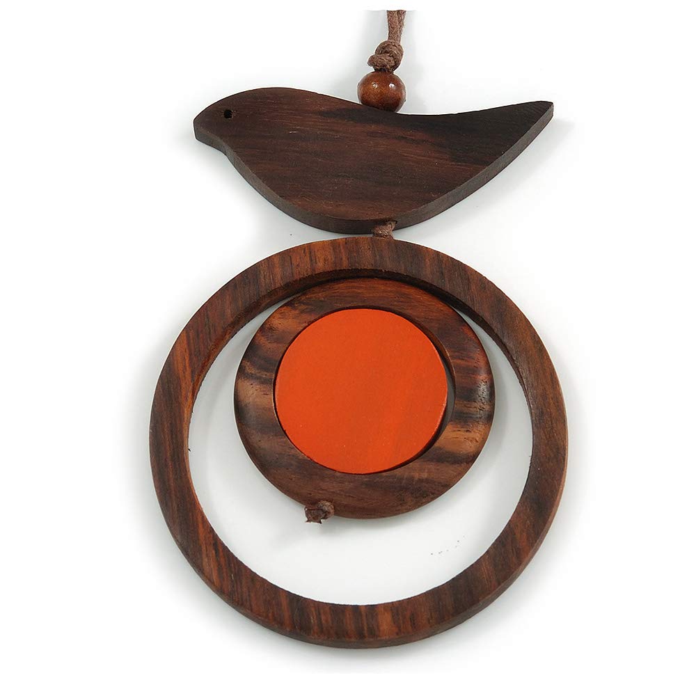 Avalaya Brown/Orange Bird and Circle Wooden Pendant Cotton Cord Long Necklace - 84cm L/ 10cm Pendant
