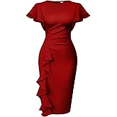 Memoriesea Women's Vintage Church Ruffle Sleeve Ruched Bodycon Work Midi Pencil Dress